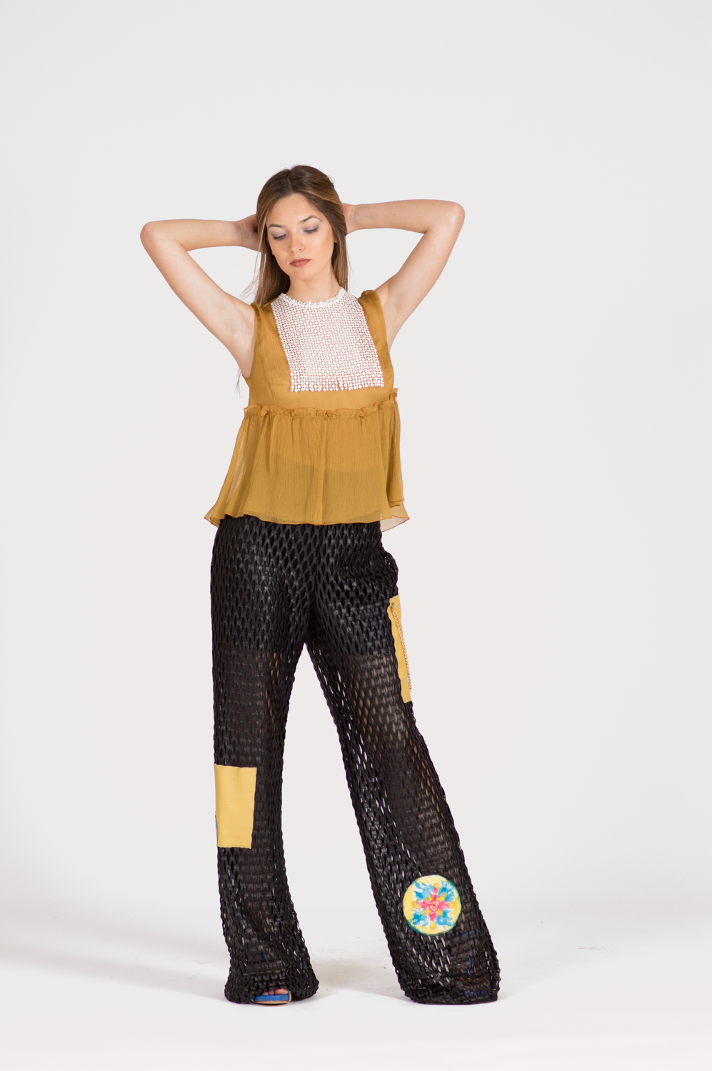 MUSTARD-COLORED BLOUSE WITH RUFFLES