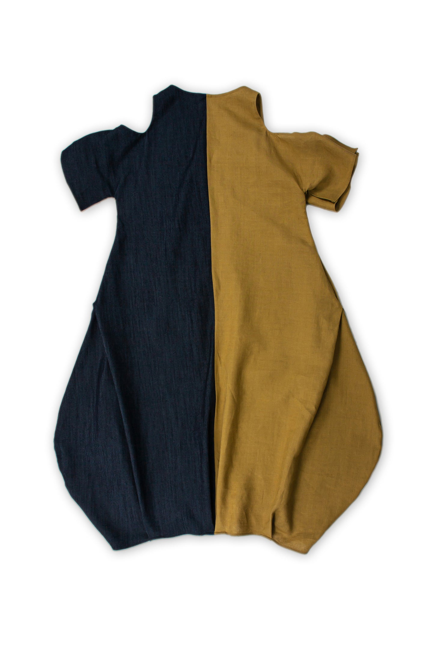 BICOLOR BALLOON MIDI DRESS WITH BARE SHOULDERS