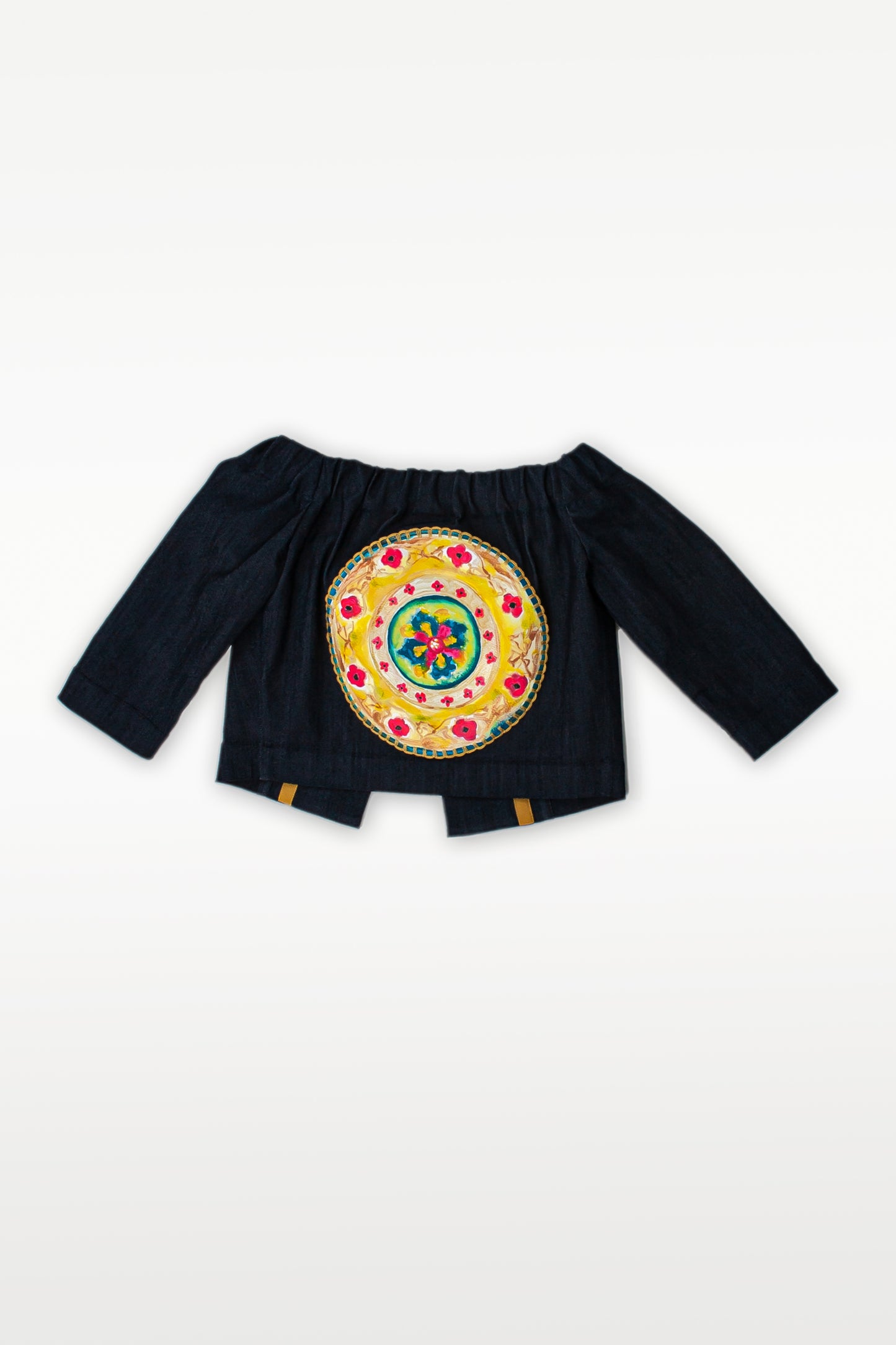 CROPPED JACKET IN CREPE JEANS WITH BOAT NECK AND MULTICOLOR FRINGES