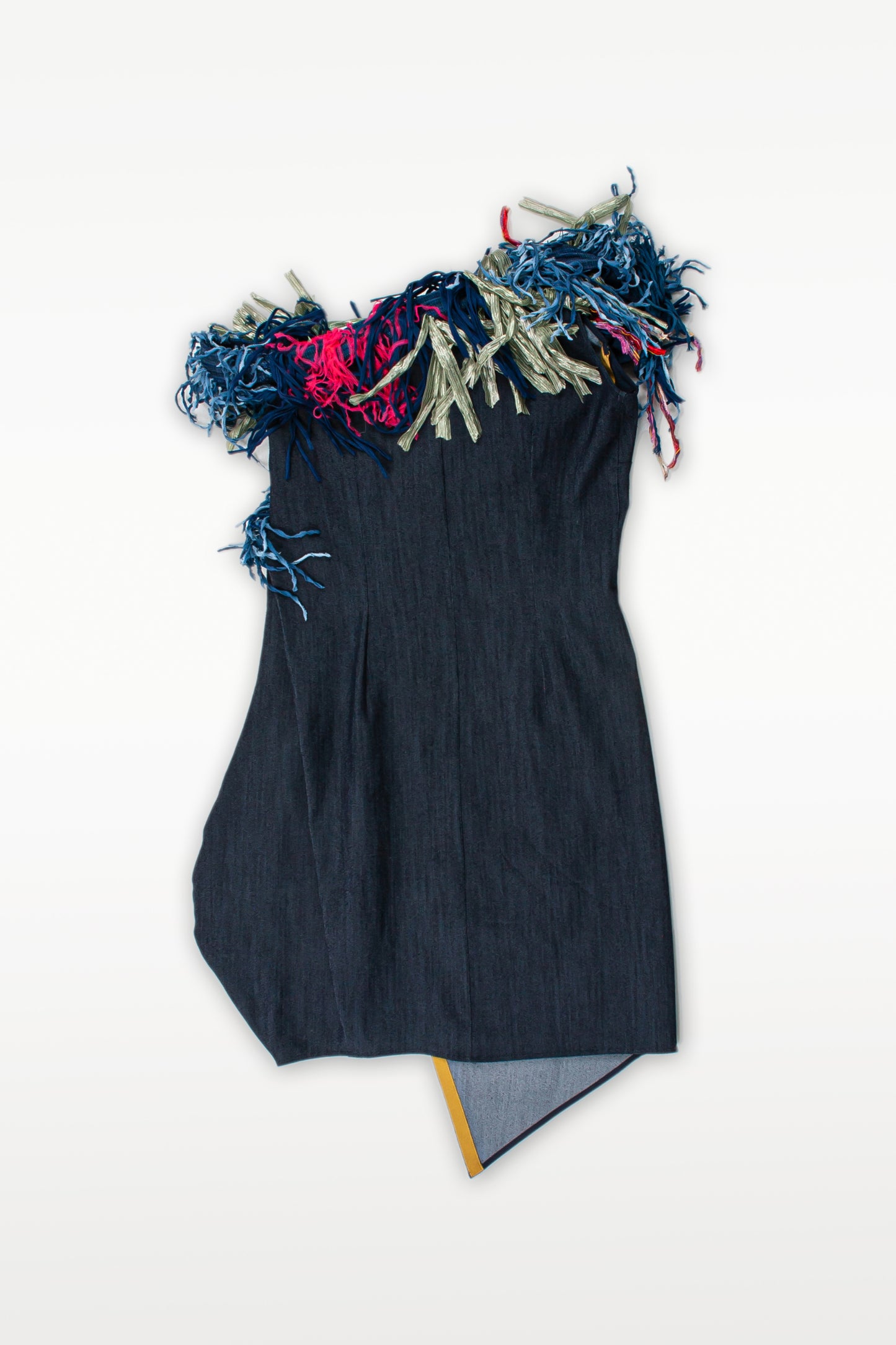 SHORT DRESS IN JEANS CREPE WITH FRINGES