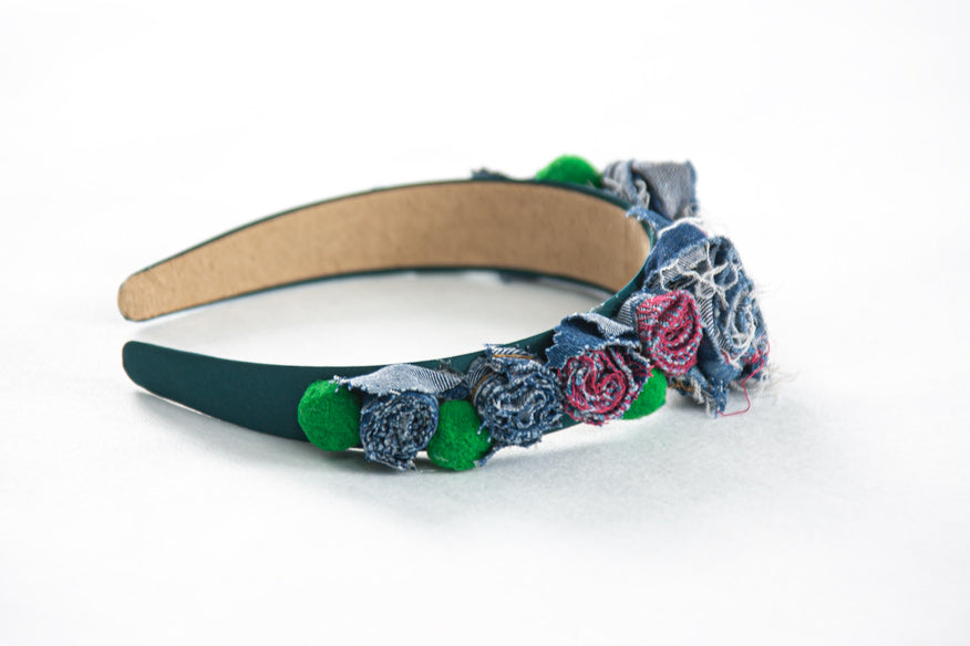 JEANS HAIR BAND WITH EMBOSSED ROSES AND POMPONS