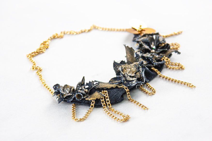 JEANS NECKLACE WITH GOLDEN ELEMENTS