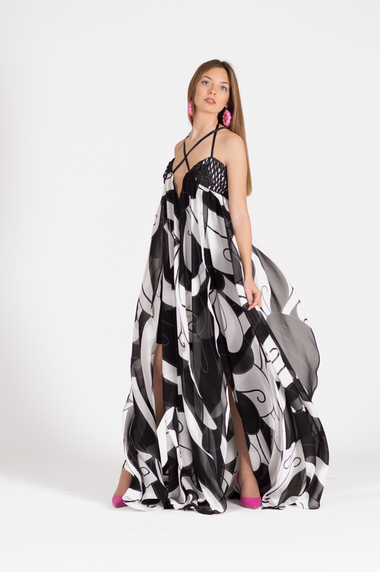 BLACK AND WHITE SILK CAPE