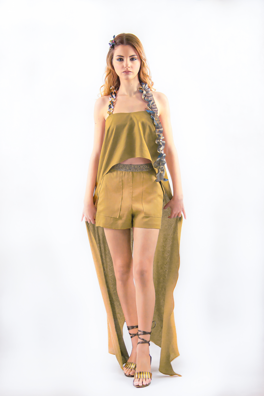 MUSTARD-COLORED TUNIC IN PURE LINEN WITH CROPPED CORSET