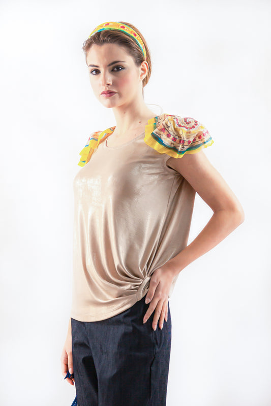 BEIGE WRAP T-SHIRT WITH ORGANZA SHOULDERS