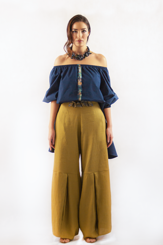 WIDE MUSTARD-COLORED TROUSERS IN PURE LINEN