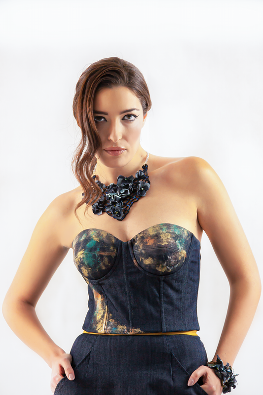 CORSETTO IN CREPE JEANS BLU NOTTE CON FIOCCO